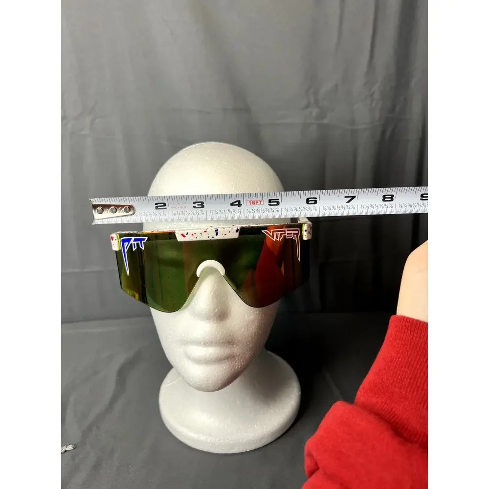 Pit Viper white splatter sunglasses with red and blue accents